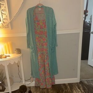 Lularoe Floral Maxi Dress with Teal Cardigan